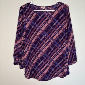 PIXLEY STITCH FIX BRAND Blouse Women L Roll Tab Sleeve Pink Purple Blue Plaid